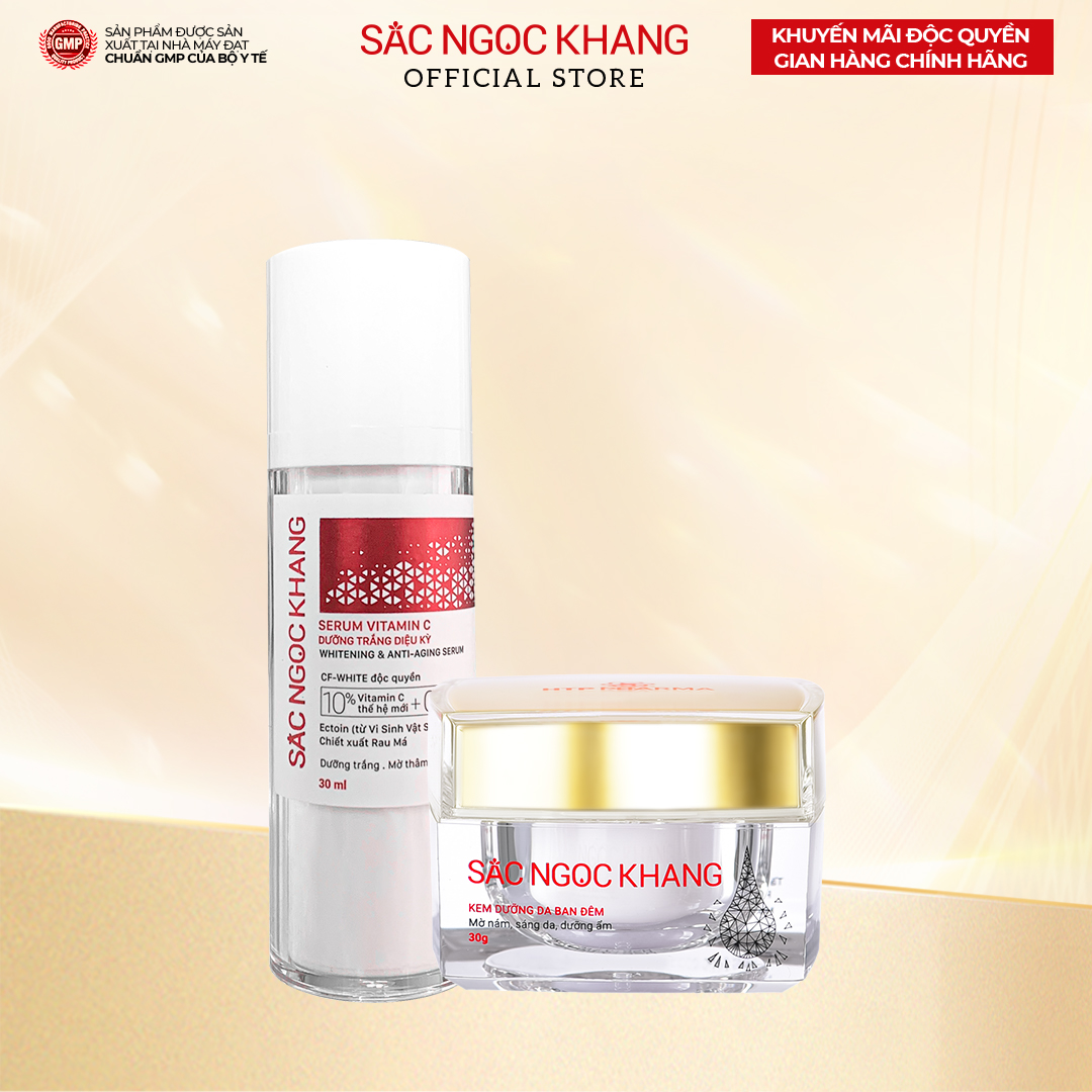 Bộ đôi cấp ẩm, dưỡng trắng da Sắc Ngọc Khang: Serum C dưỡng trắng 30ml + Kem dưỡng da ban đêm 30g