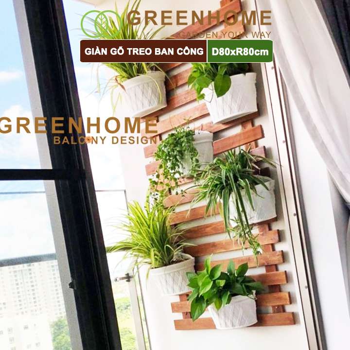 Giàn gỗ treo ban công, Greenhome, R80xC80cm, gỗ tràm siêu bền, màu gỗ, làm khung hoa hồng leo, bông giấy