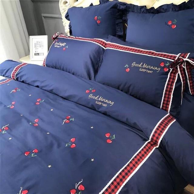 Trọn bộ chăn ga gối cotton lụa cherry xanh đính nơ mẫu mới 2019