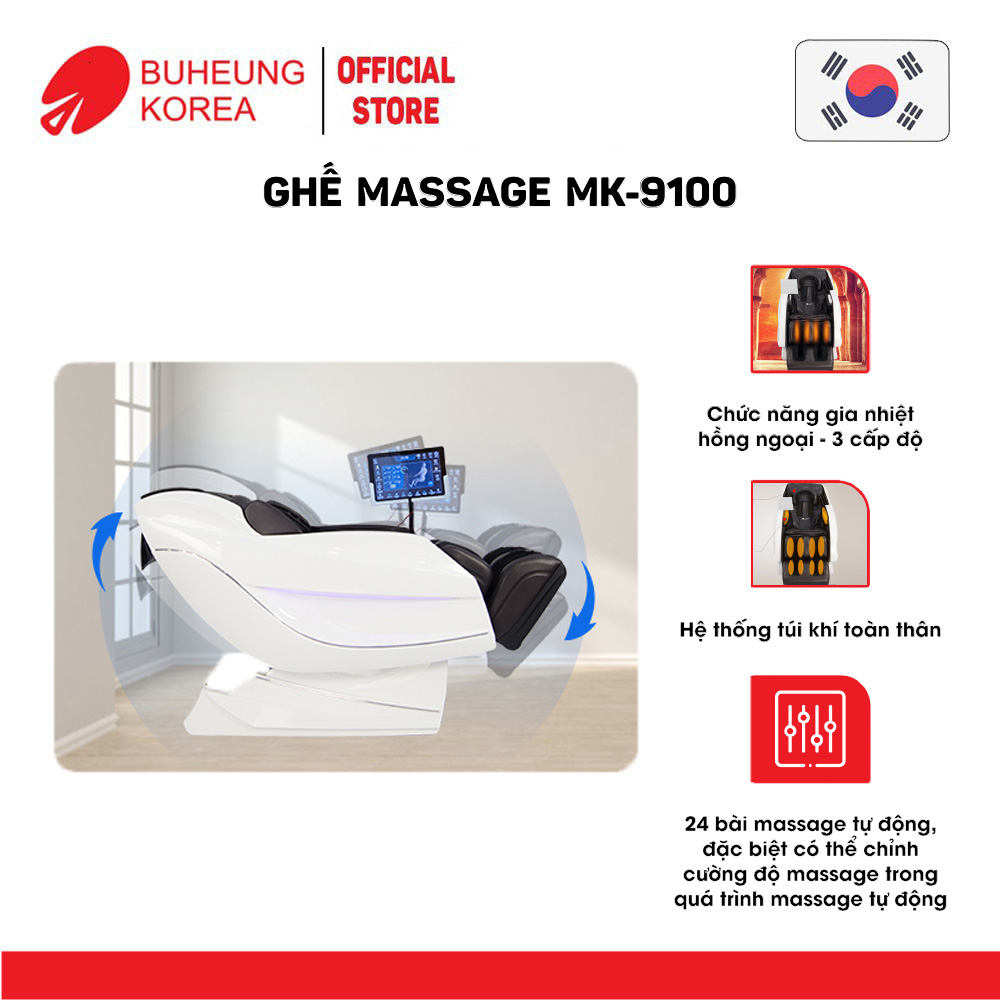 Ghế Massage thương gia Buheung MK-9100 4D King Royal, hệ thống túi khí, 24 bài massage tự động, bảo hành chính hãng