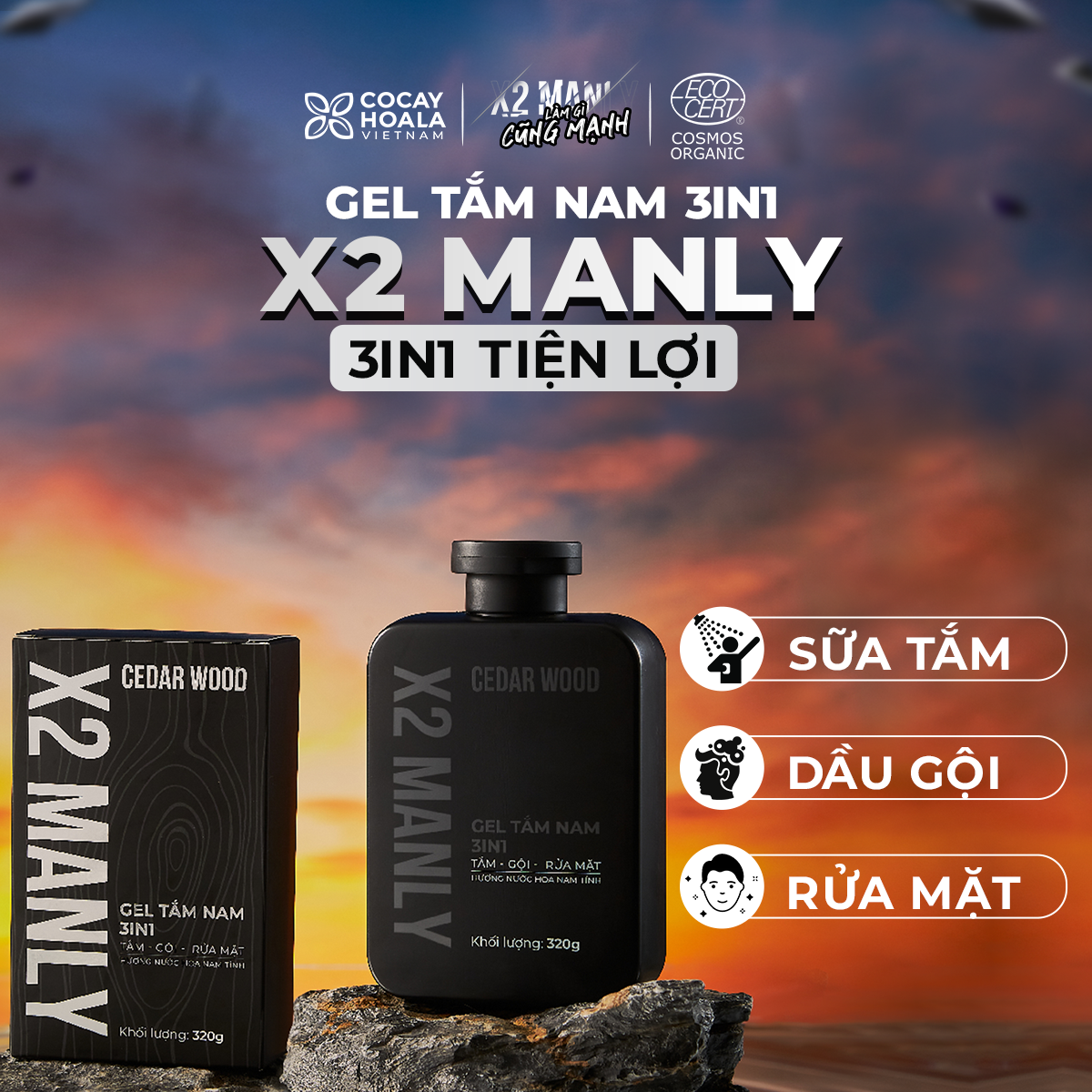 Gel Tắm Nam X2 Manly 3n1 Cocayhoala - Sữa tắm gội toàn thân hương nước hoa nam tính - 320g