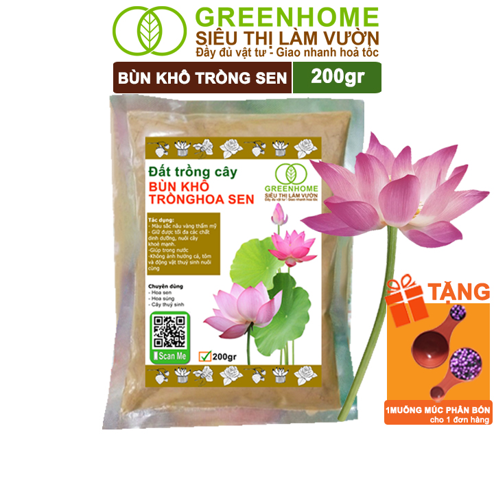 Bùn Khô Trồng Hoa Sen Greenhome, Gói 200gr, Phù Hợp Cây Thuỷ Sinh, Ngập Nước, Cho Hoa To, Lâu Tàn, Tốt Lá