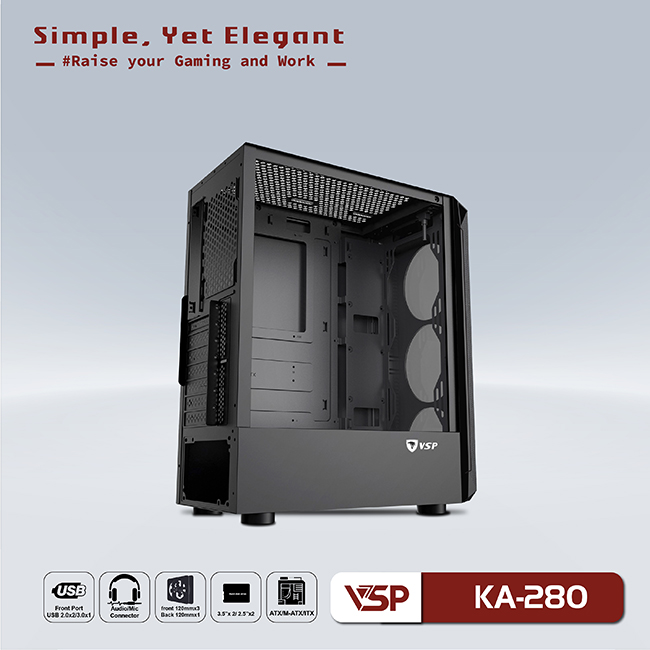 Vỏ máy tính Case VSP KA 280 (ATX/Mini ATX/Micro ATX) (không FAN) Gaming Kính cường lực - Hàng chính hãng Tech Vision phân phối