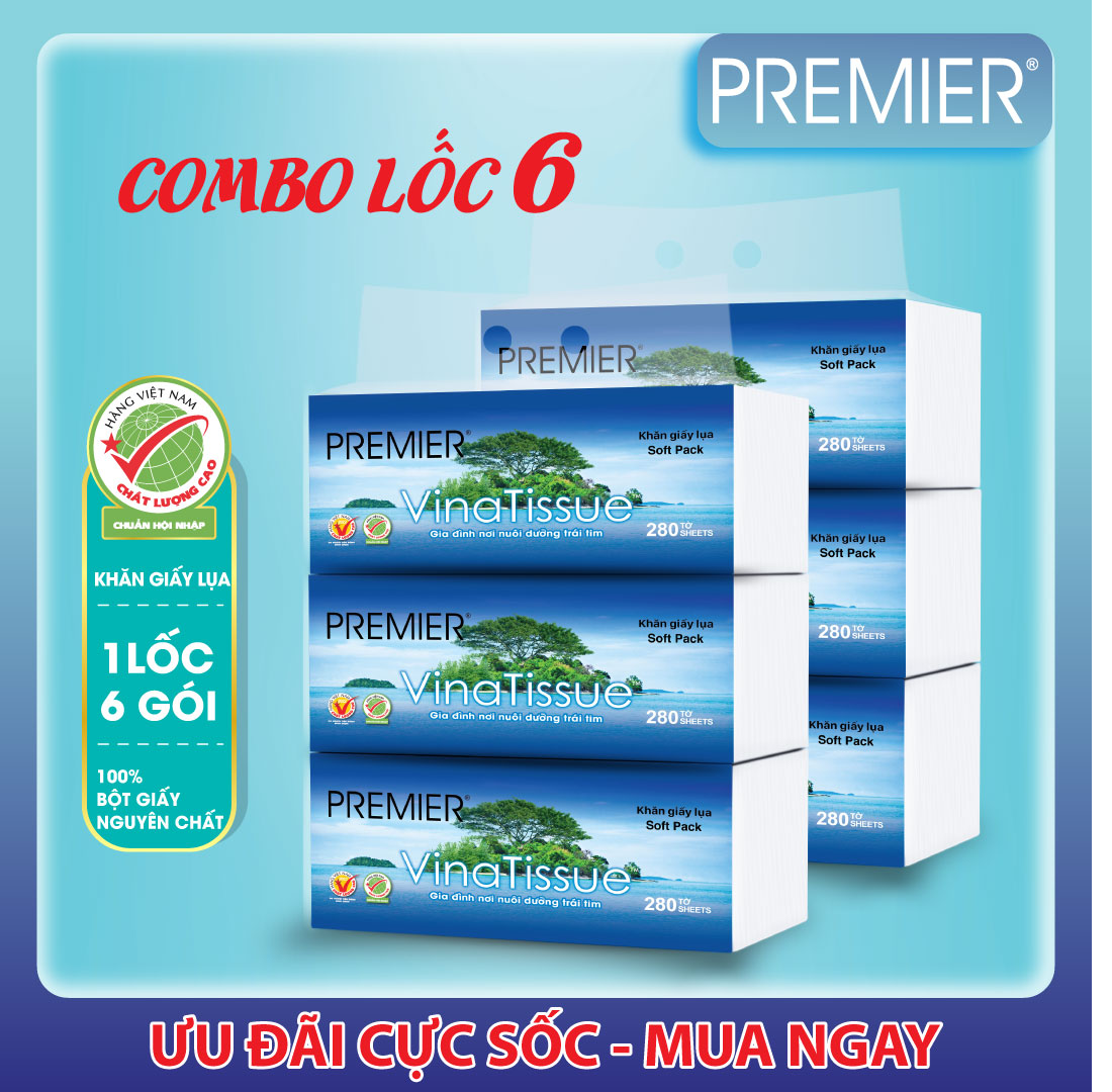 Khăn giấy lụa, khăn đa năng Premier Vinatissue 2 lớp 100% bột giấy nguyên sinh, không chất tẩy 280 tờ