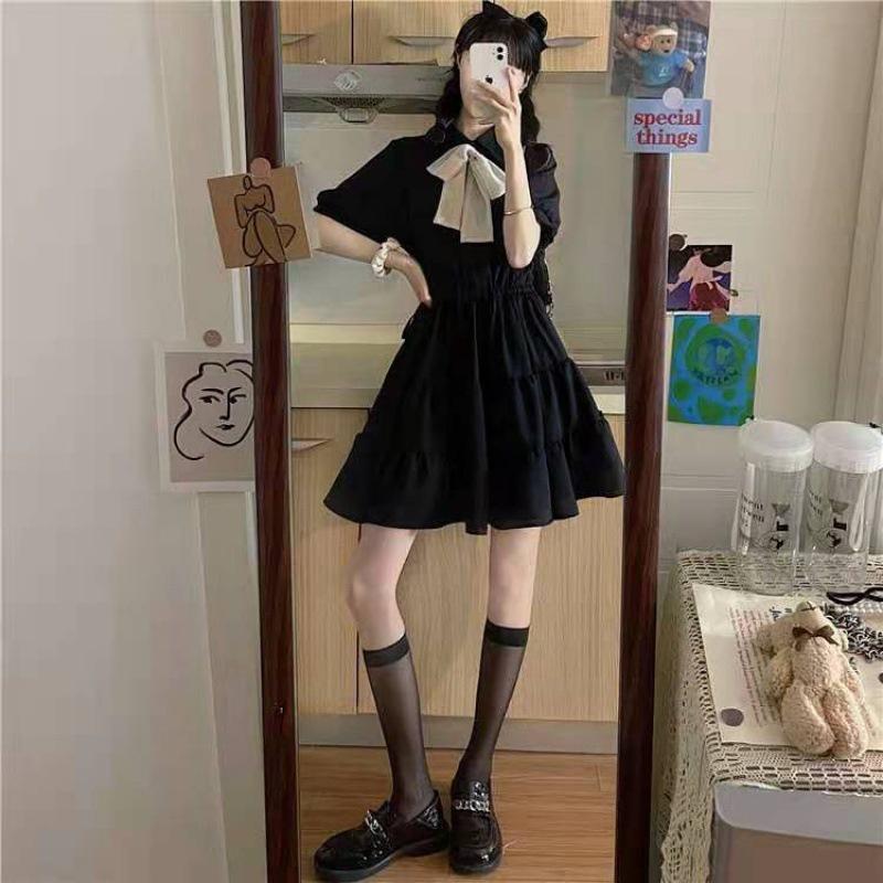 Đầm BabyDoll Nữ Cộc Tay Nơ Buộc Nơ Dáng Xòe 3 Tầng Trơn Ngắn Tay 2 Màu siêu xinh