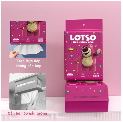 Khăn giấy lau đa năng gấu dâu LOTSO bịch lớn 200 tờ, khăn lau mặt dùng 1 lần, chất cotton mềm mịn GD761-RutLotso