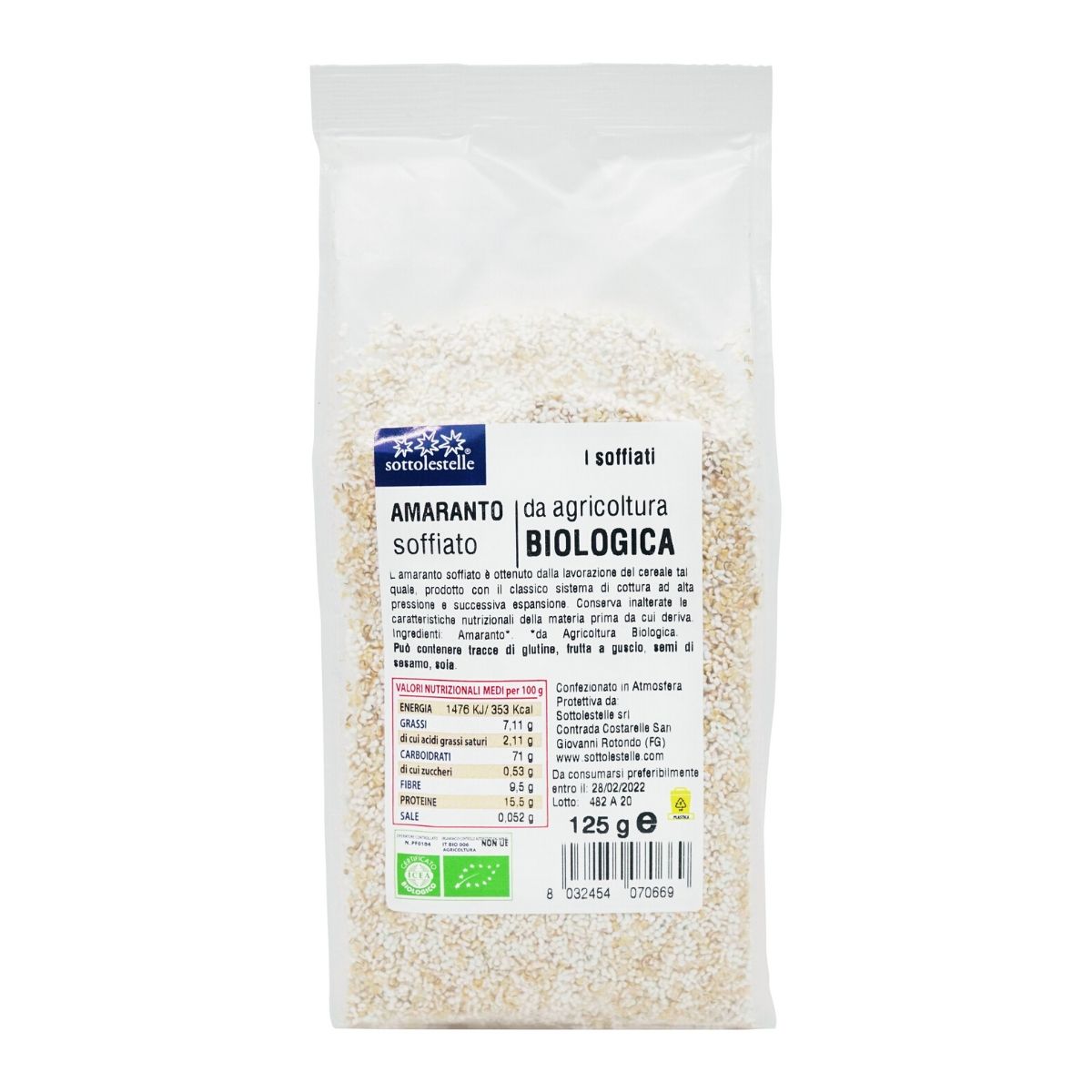 Bỏng hạt dền Amaranth hữu cơ Sottolestelle 125g