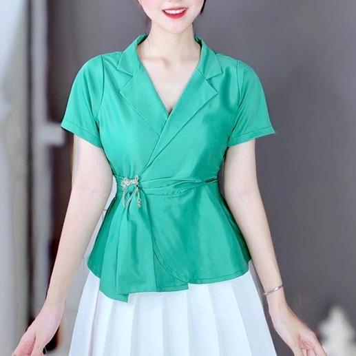 [L2M] Áo sơ mi kiểu nữ peplum CỔ VEST có dây cột nơ eo và chun lưng giấu bụng hiệu quả