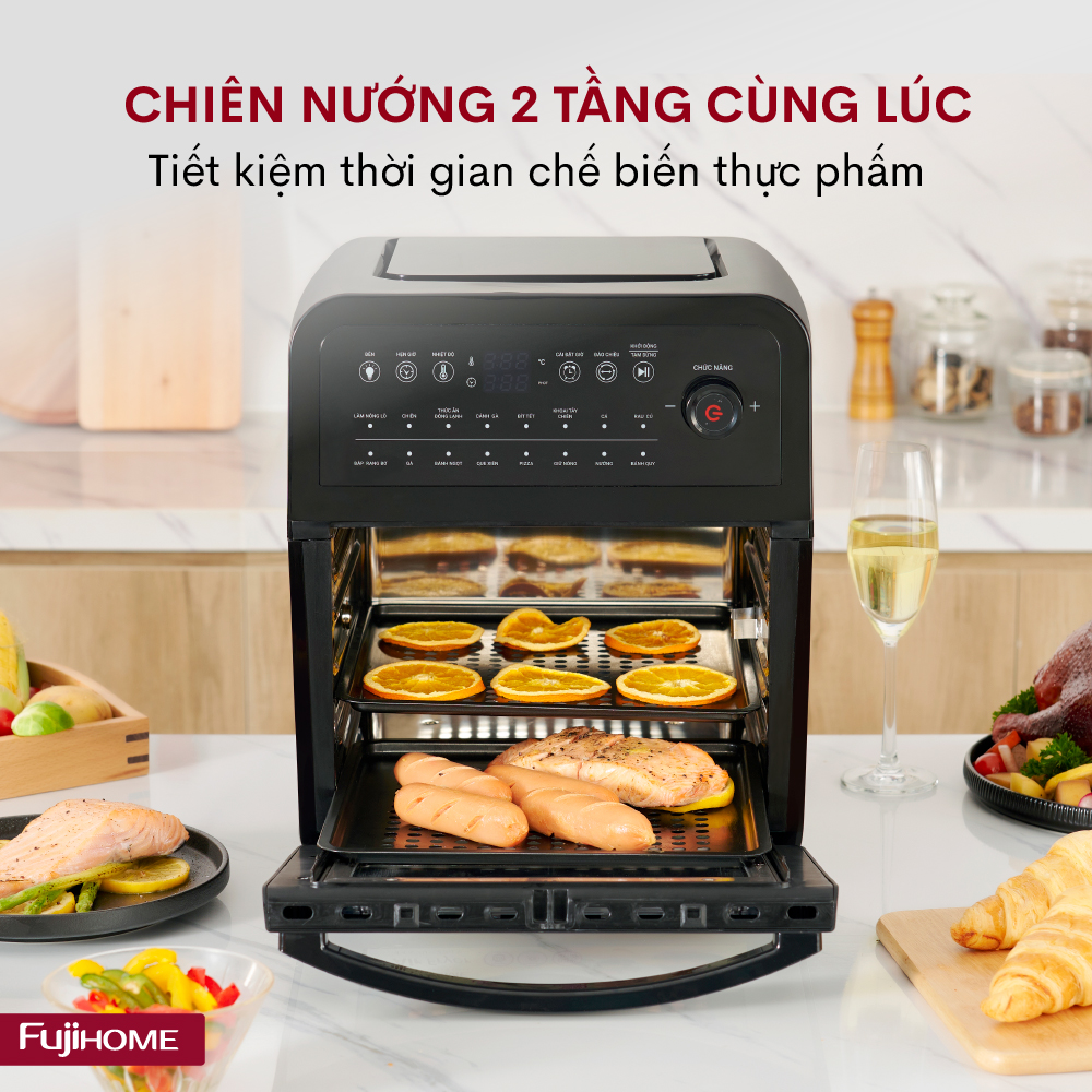 Nồi chiên không dầu 12L điện tử Nhật Bản FUJIHOME tự ngắt (kèm đủ 7 món phụ kiện), Lò chiên không khí không hơi nước 12 lít air fryer - Hàng Nhập Khẩu