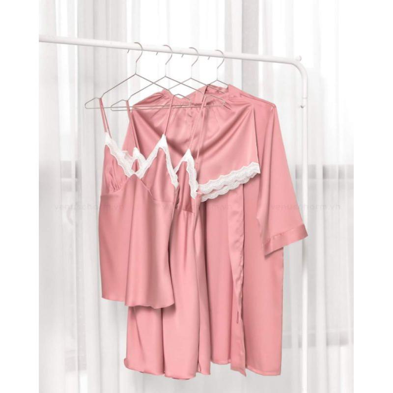 Set áo choàng váy ngủ lụa 2 dây phối ren sang trọng tặng kèm quần chip ren xinh xắn