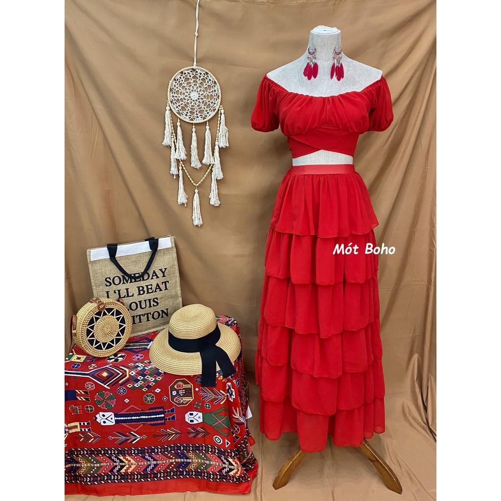 Sét áo tay cộc và chân váy voan 6 tầng kèm turban