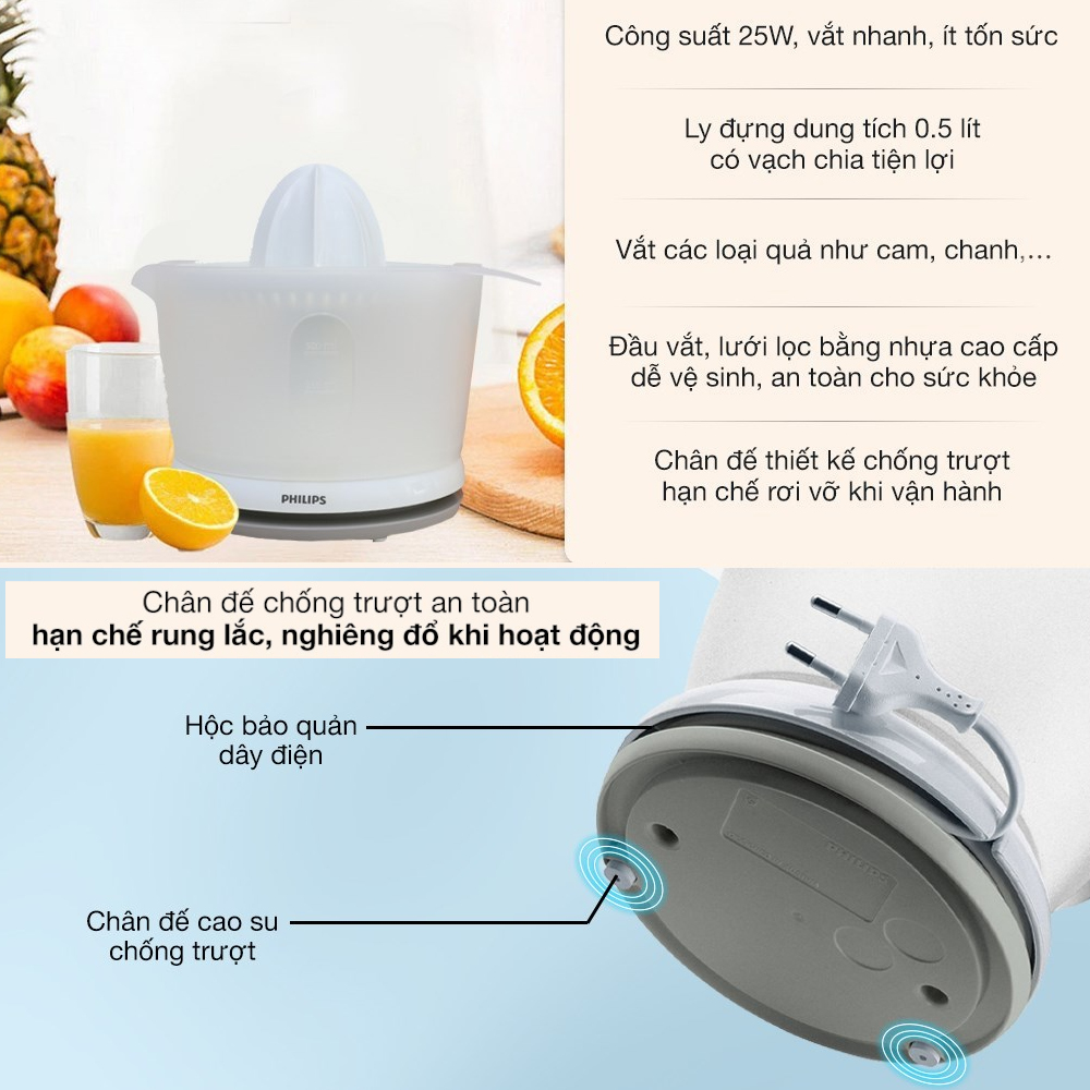 Máy vắt cam Philips HR2738/00 công suất 25W, bảo hành 24 tháng chính hãng - Hàng chính hãng