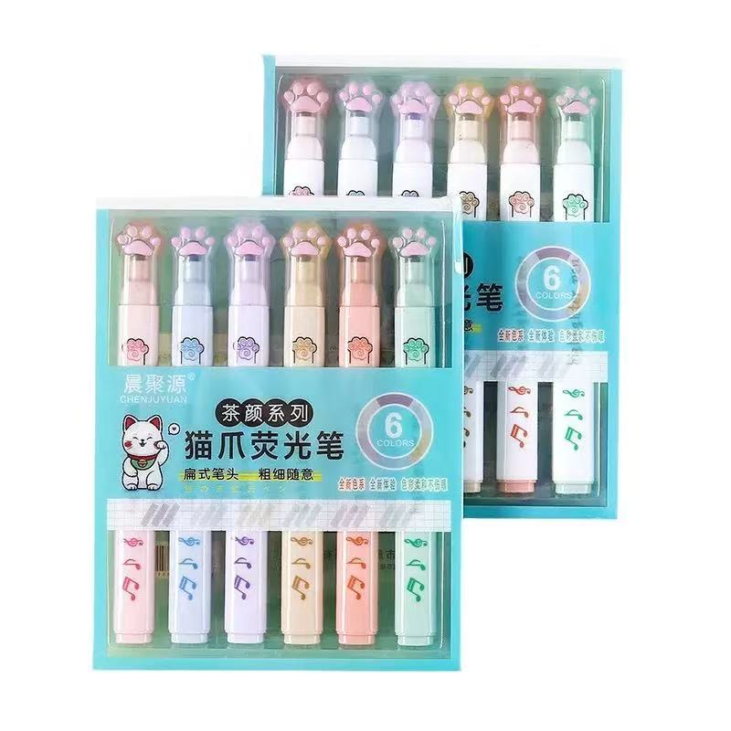 SET 6 CÂY BÚT DẠ QUANG HIGHLIGHT HÌNH CHÂN MÈO