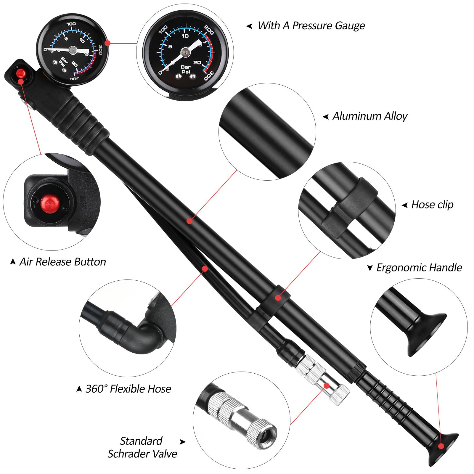 Máy bơm không khí 300 psi tức thời Presta Schrader Valve cho xe đạp leo núi với máy đo cho hệ thống treo phía sau