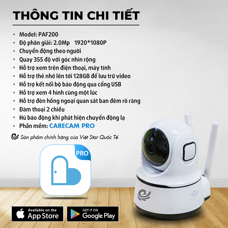 Camera Ip Giám Sát Chống Trộm Không Dây Thông Minh Model CARE PAF-200 Độ Phân Giải 2.0Mpx - Kết Nối Trực Tiếp Với Điện Thoại, Máy Tính, Ipad - Dùng APP CARECAM PRO - Nhập Khẩu