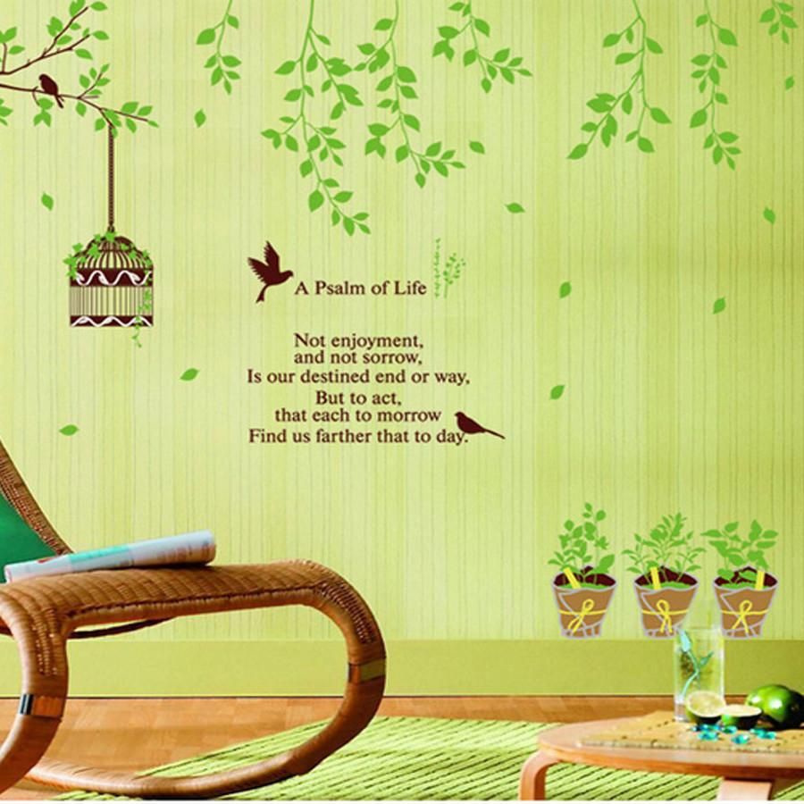 Decal dán tường tán cây và lồng chim xanh ay9035