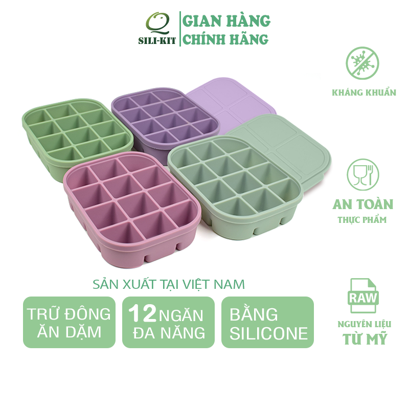 Khay trữ đông silicone có nắp 12 ngăn đa năng SILIKIT, khay trữ đông đồ ăn dặm, khay trữ sữa mẹ