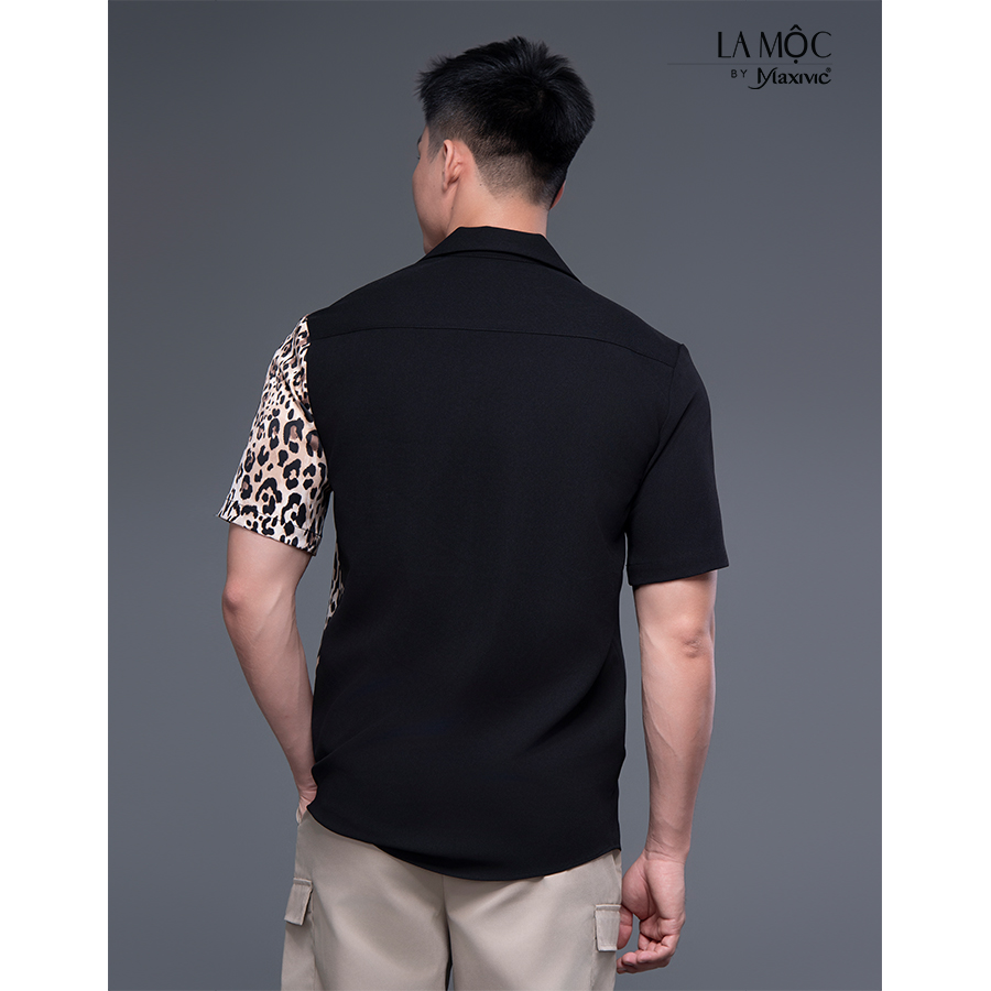 Áo sơ mi danton đen xô cát phối beo LM112453