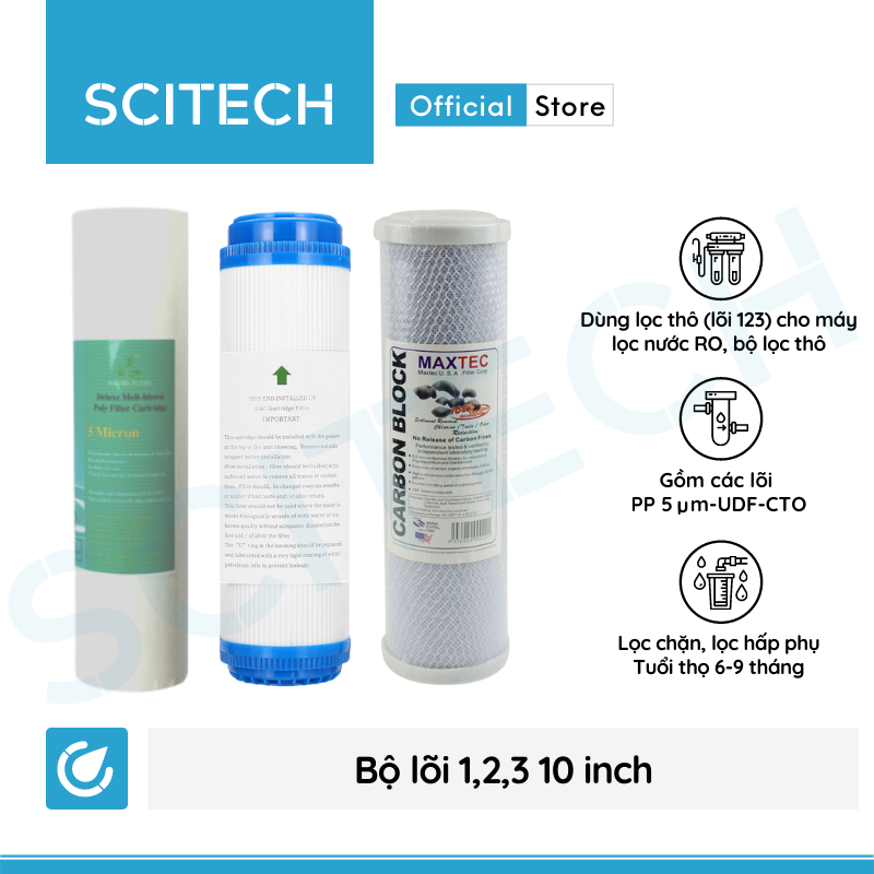 Bộ lõi số 1,2,3 10 inch (Lõi PP-UDF-CTO) - Dùng cho máy lọc nước RO, bộ lọc thô - Hàng chính hãng