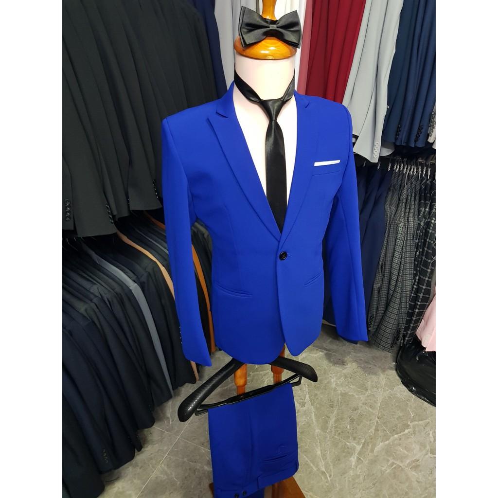 Bộ vest nam màu xanh coban cực chất cực dày mịn tặng kèm combo phụ kiện