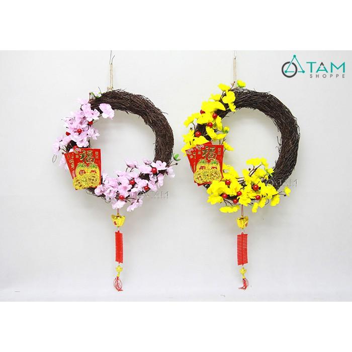 Vòng treo cửa Tết nửa vòng hoa mai đào ĐK 40cm T-VTC-17