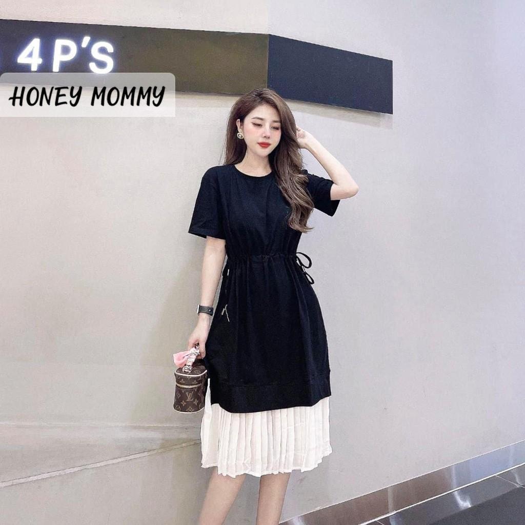 Váy Bầu Hè Cộc Tay Chất Thun Cotton Dây Rút Eo Phối Chân Váy Trắng HD2632 Honey Mommy Đầm Bầu Công Sở Đi Làm Đi Chơi