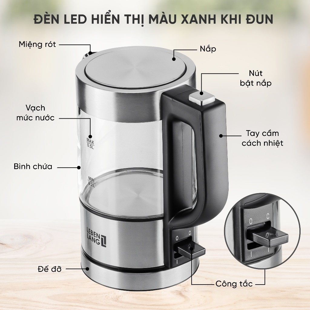 Ấm Siêu Tốc Thuỷ Tinh Cao Cấp Mini Lebenlang 500ml LBL2809 Siêu Đẹp, Đun Siêu Nhanh - Hàng Chính Hãng