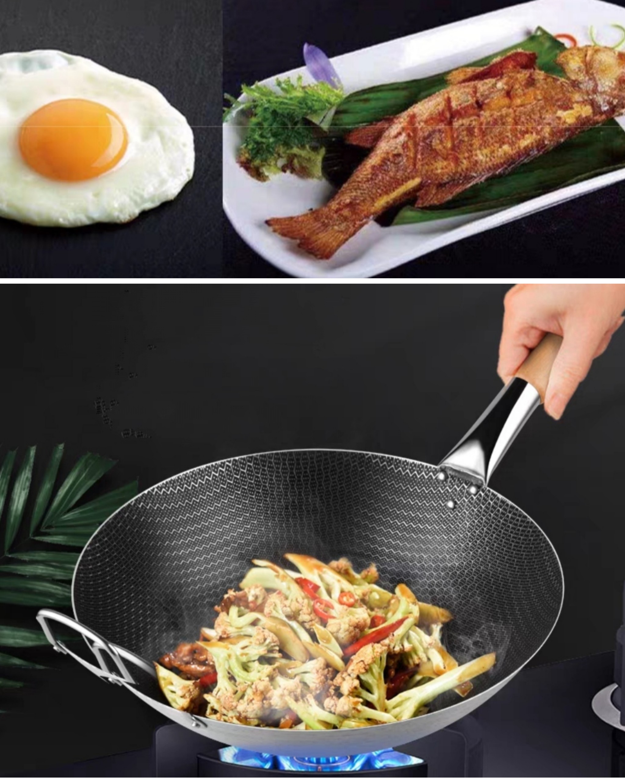 CHẢO QUAI CÓ TAY CẦM INOX 304 CAO CẤP HÀNG DẦY BỀ MẶT NHÁM TỔ ONG CHỐNG DÍNH TUYỆT ĐỐI