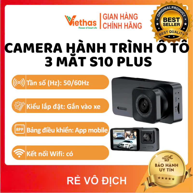 Camera Hành Trình Ô Tô 3 Mắt S10 Plus Có WiFi Full HD 1080p Hỗ Trợ Kết Nối Điện Thoại Xem Qua App - Hàng Chính Hãng