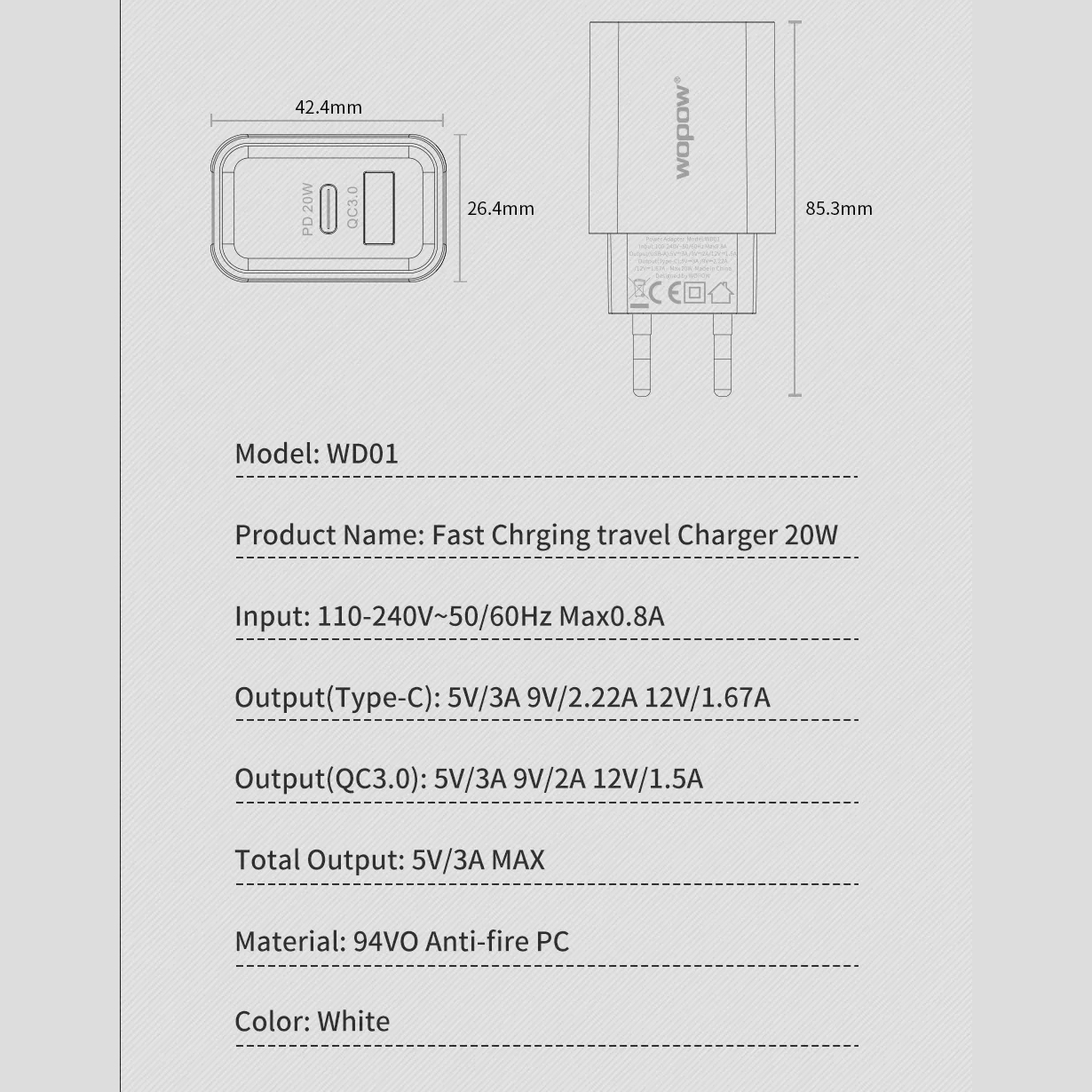 Củ Sạc Nhanh 20W Wopow Wd01 Đầu Ra USB Type C Mạch Bảo Vệ Dòng Điện Thoại - IOV