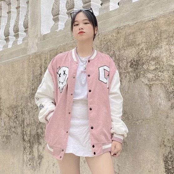 Hình ảnh Áo Khoác Nhung Gân Tăm Bomber Jackets Thêu Logo G.O.N.Z Cúc Bấm Unisex Nam Nữ Form Rộng Ulzzang, Áo Khoác Nhung Tăm Thêu Chữ G, Áo BomBer Bóng Chày Nam Nữ Phong Cách Hàn Quốc