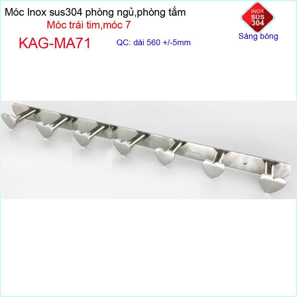 Móc treo quần áo inox 304 cao cấp dày, móc tim Kace 7 móc treo đồ nhà tắm KAG-MA71