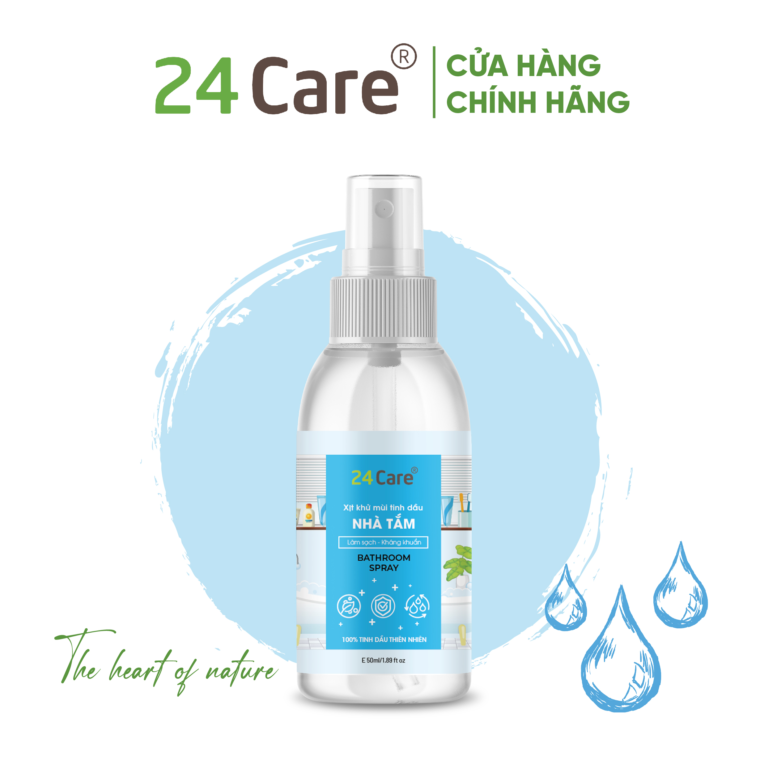 Xịt nhà tắm tinh dầu 24CARE 50m/100ml/250ml - Xịt lau chùi bồn rửa tay, kính - Khử mùi hôi sàn, không khí.