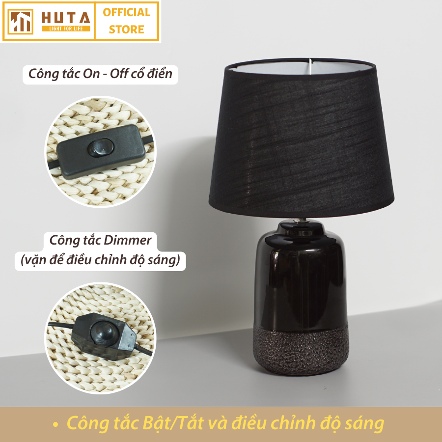 Đèn Ngủ Để Bàn Gốm Sứ Cao Cấp HUTA S17 Độc Đáo, Sang Trọng, Decor Phòng Ngủ Khách Sạn, Tăng Giảm Độ Sáng, Ánh Sáng Vàng