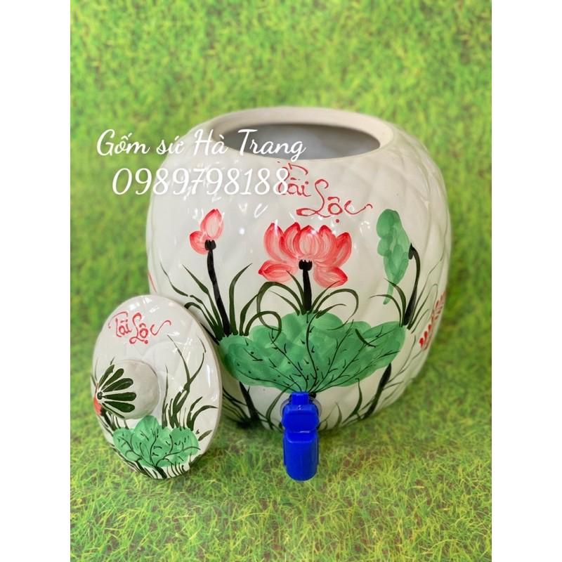 Bình nước gốm sứ Bát Tràng cao cấp men trắng vẽ sen đỏ phú quý tài lộc