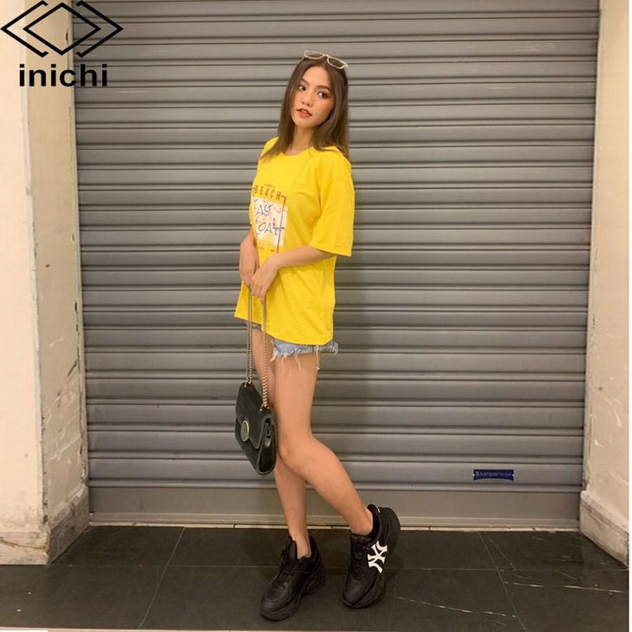 Áo thun tay lỡ INICHI phong cách Unisex nam nữ cá tính - in chữ BEACH - A658 màu vàng