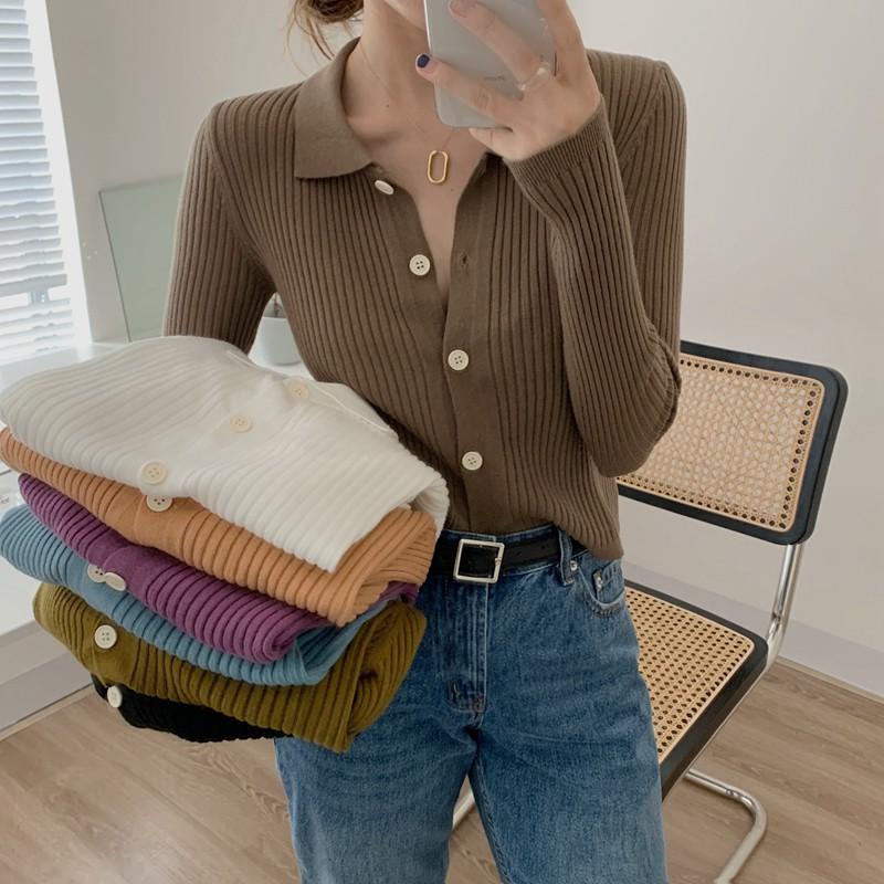 Xiaozhainv Áo Cardigan Dệt Kim Tay Dài Cổ Bẻ Phong Cách Hàn Quốc