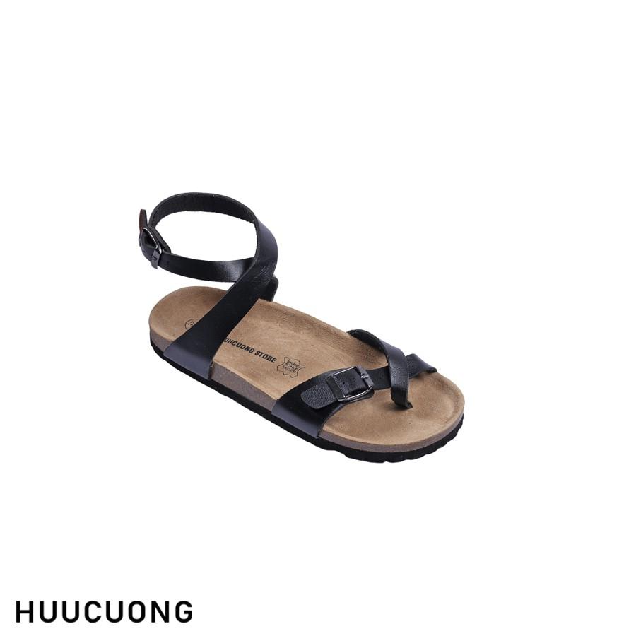 Sandal HuuCuong xỏ ngón cổ cao đen đế trấu