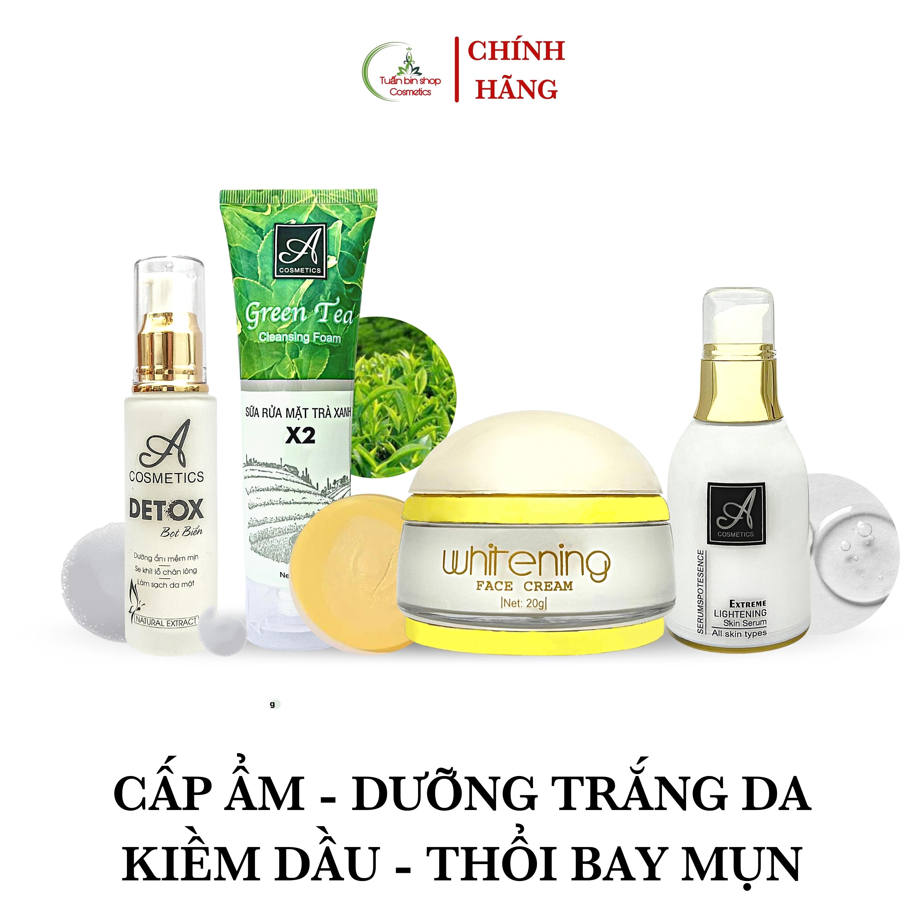 Combo dưỡng trắng da mặt hoàn hảo Acosmetics, kem face pháp, serum dưỡng ẩm, sữa rửa mặt trà xanh x2, detox bọt biển 220g