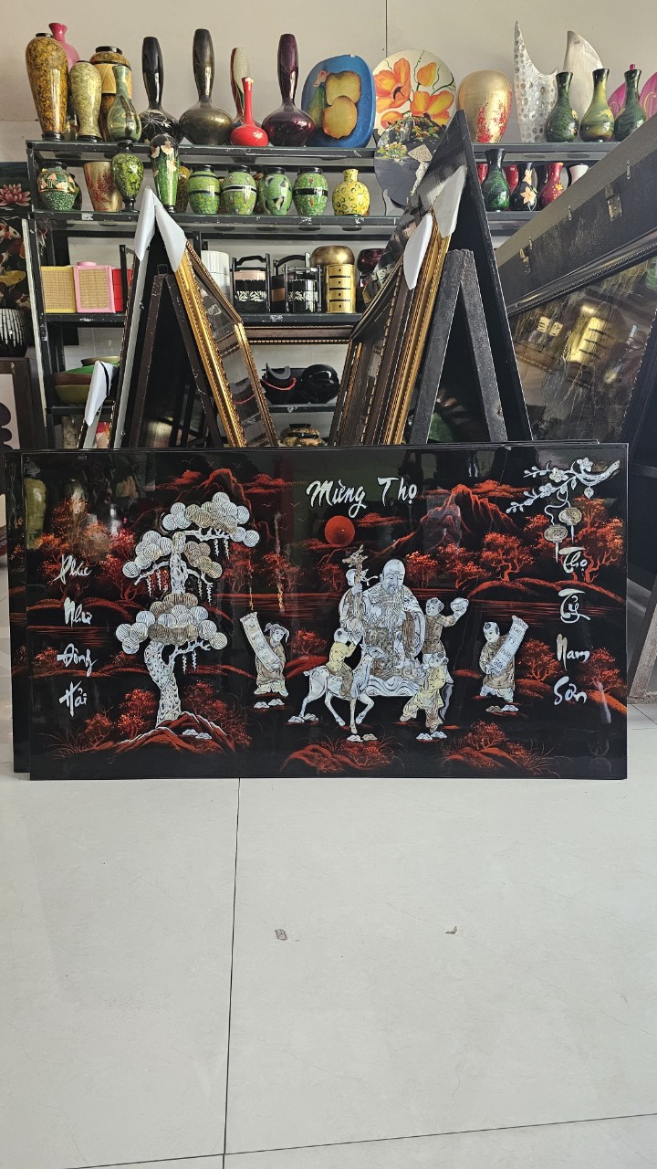 Tranh sơn mài mừng thọ Ông cẩn ốc chìm cao cấp size 55x100 cm treo tường, trang trí nhà cửa, văn phòng, quà tặng mừng thọ, tặng dịp Lễ, Tết đầy ý nghĩa