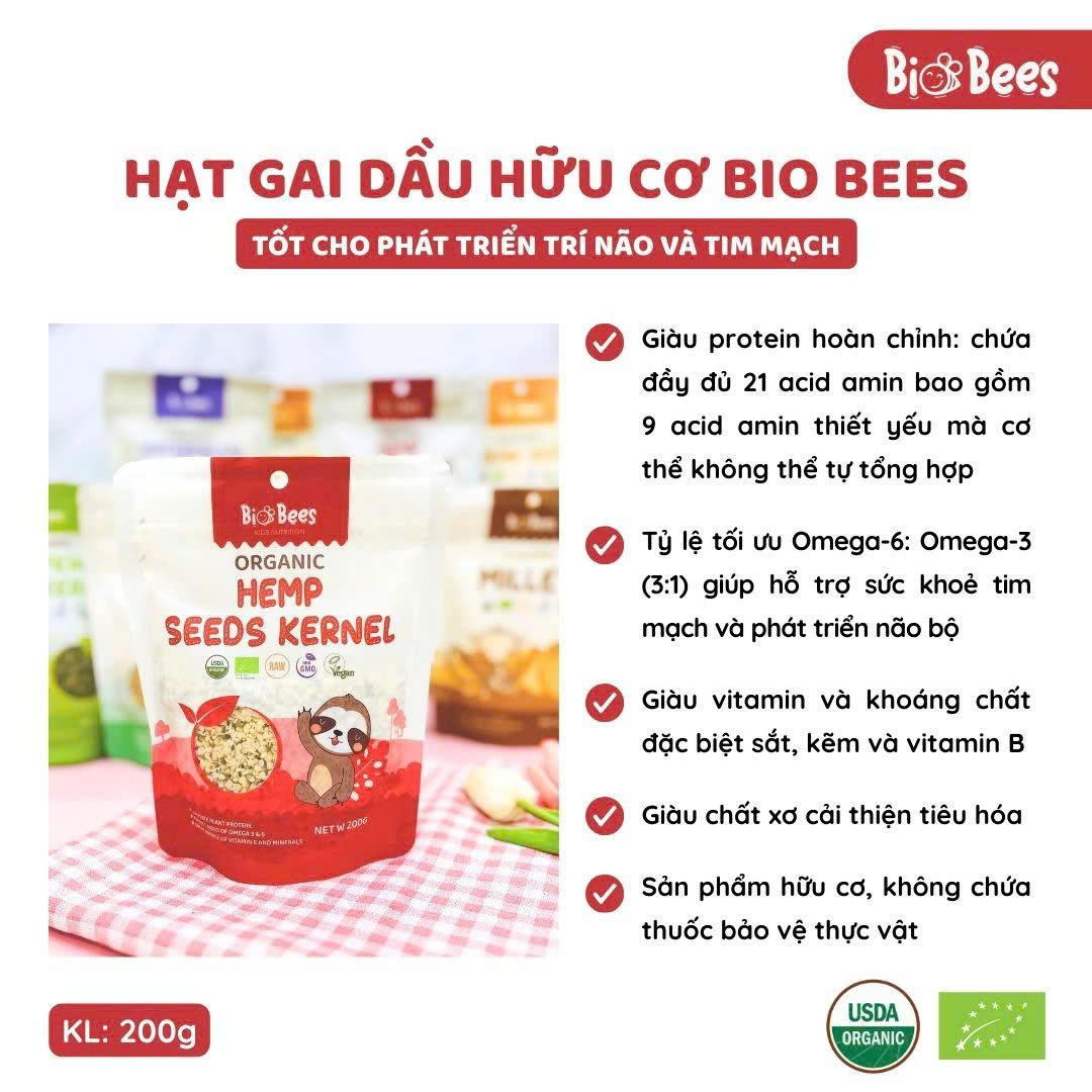 Hạt Gai Hữu Cơ Đã Tách Vỏ BioBees 200g - Giàu Omega 3-6, Protein Thực Vật, Tốt Cho Tim Mạch &amp; Não Bộ