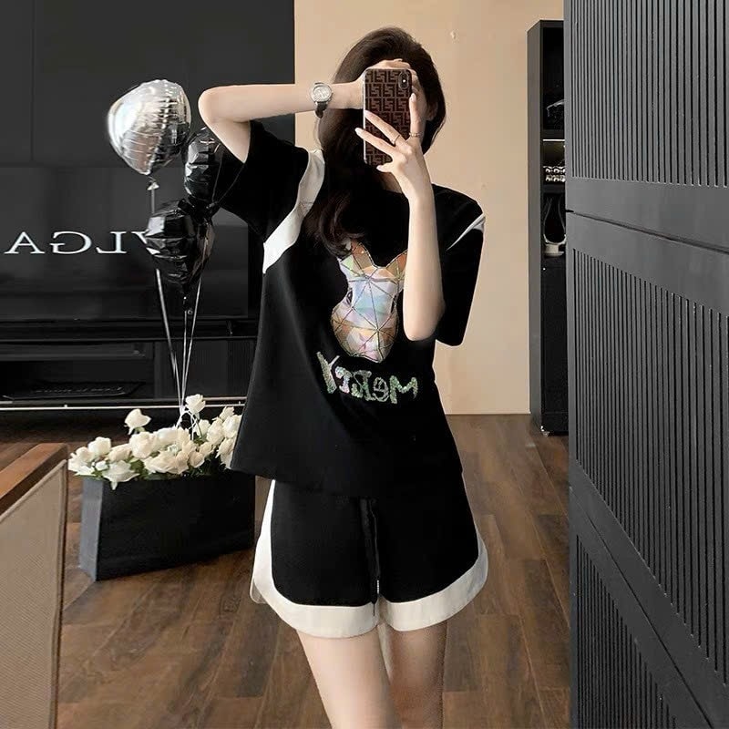 Set bộ short thun nữ phối viền đính đá (Hàng nhập)