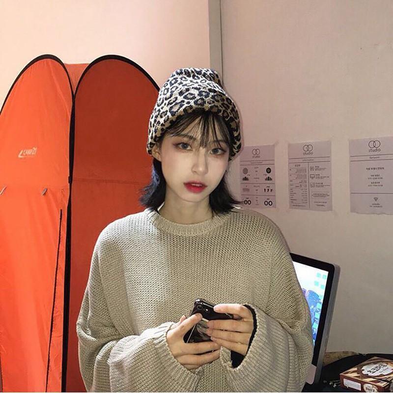 Mũ len mềm họa tiết da báo phong cách retro