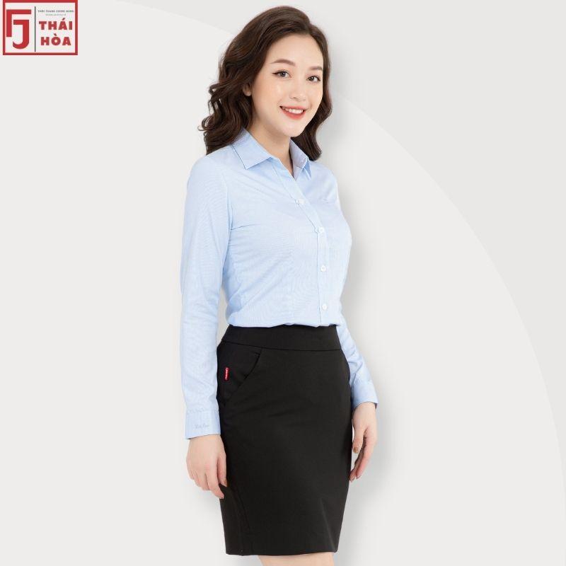 Áo sơ mi nữ Thái Hoà đẹp cao cấp kẻ tăm caro màu xanh cotton công sở 631-12-01