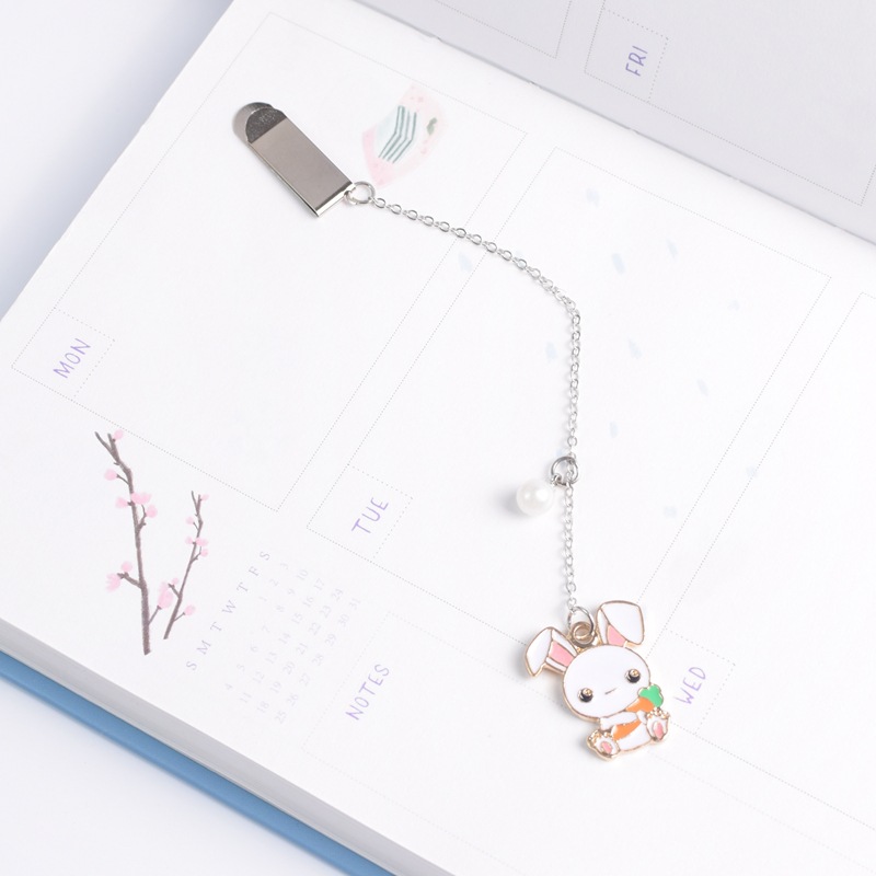 Bookmark kim loại mặt dây chuyền đính ngọc trai sáng tạo - Thỏ trắng