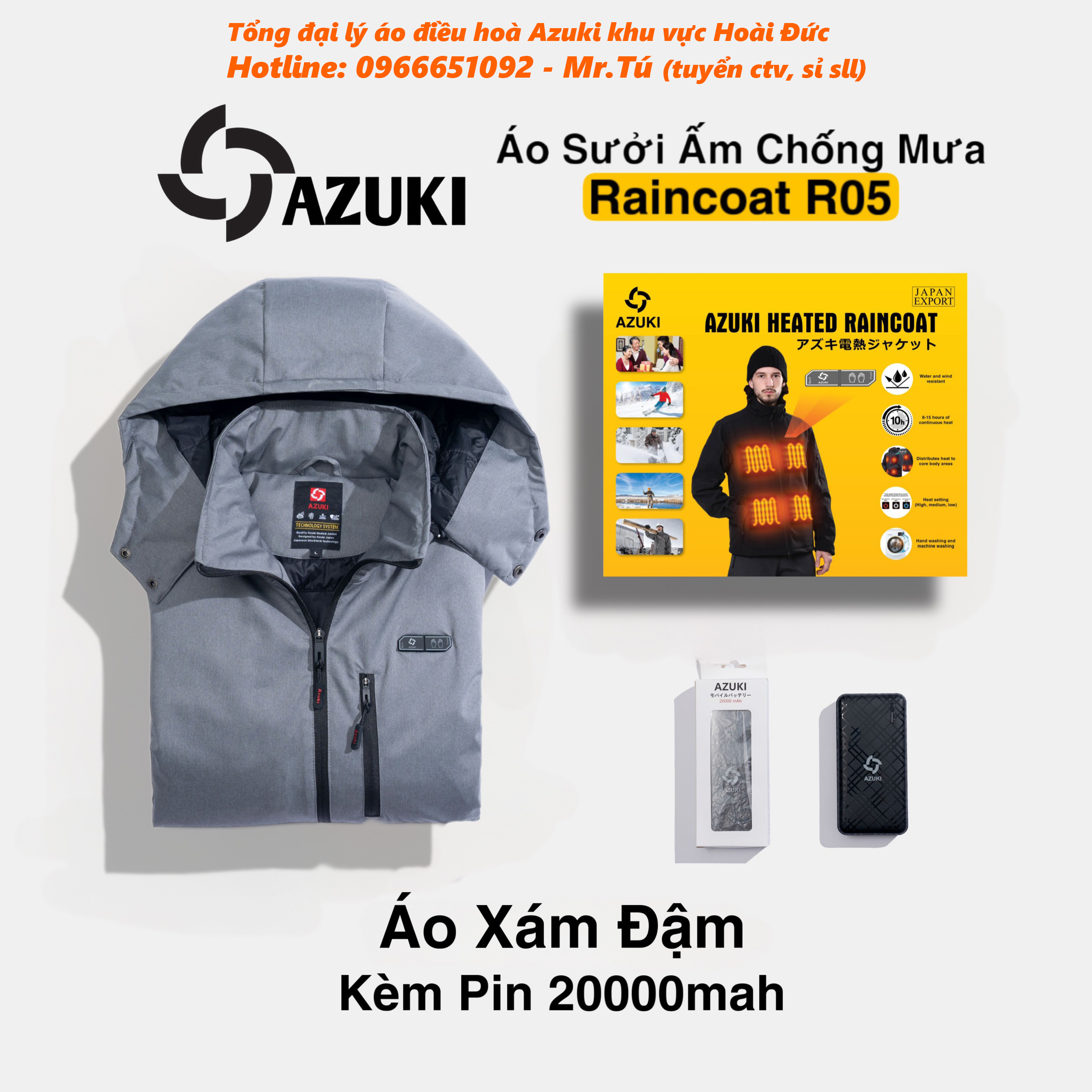 Combo Áo Điều Hoà Sưởi Ấm Chống Mưa Azuki Raincoat R05 + Pin 20000mah Mẫu Mới Nhất