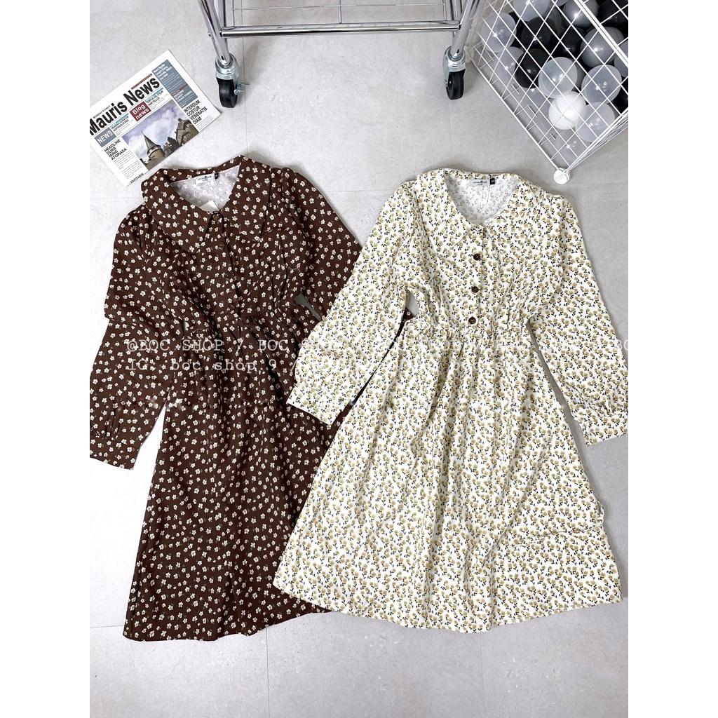 Váy babydoll hoa nhí bánh bèo A21, tay dài, dáng xoè, đầm babydoll vintage nữ đi chơi vải nhung tăm Hàn Quốc ulzzang