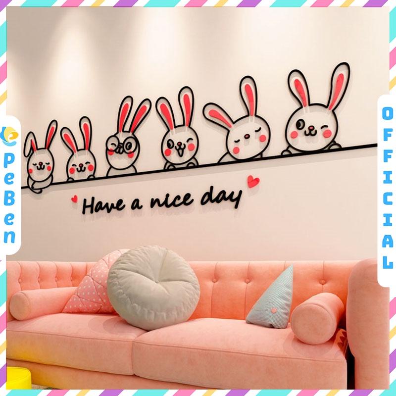 Tranh dán tường mica 3d decor khổ lớn hoạt hình thỏ bunny dễ thương trang trí mầm non, mẫu giáo, phòng cho bé