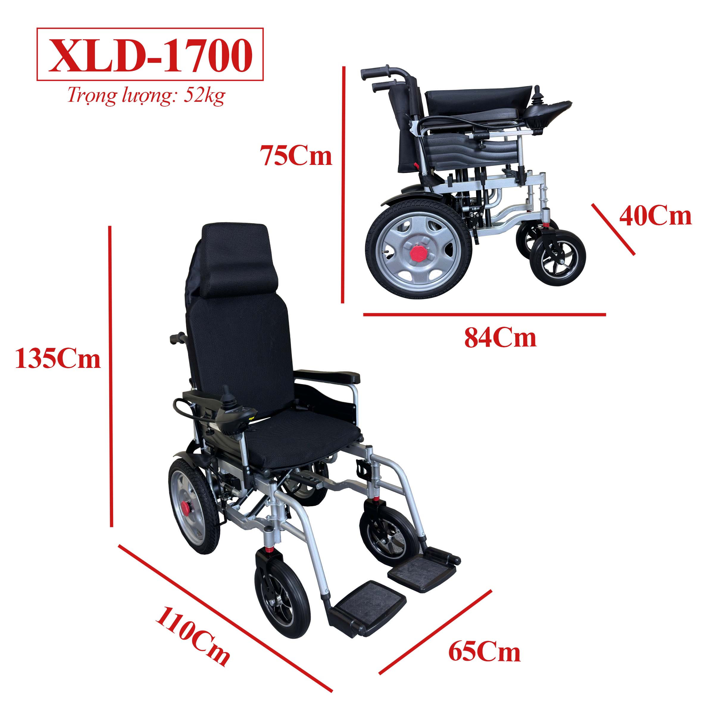 Xe Lăn Điện Có Tựa Đầu Cao, Động Cơ 2 Bánh Độc Lập, Tải Trọng 150kg, Chính Hãng NIKITA XLD-1700