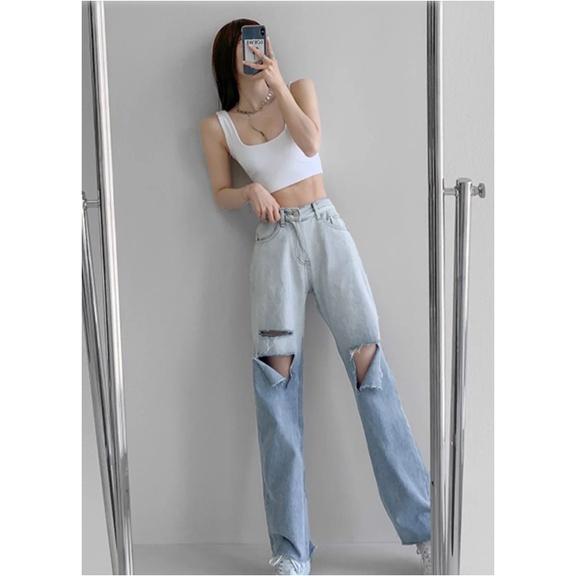 Quần jeans nữ ống rộng wash hai màu